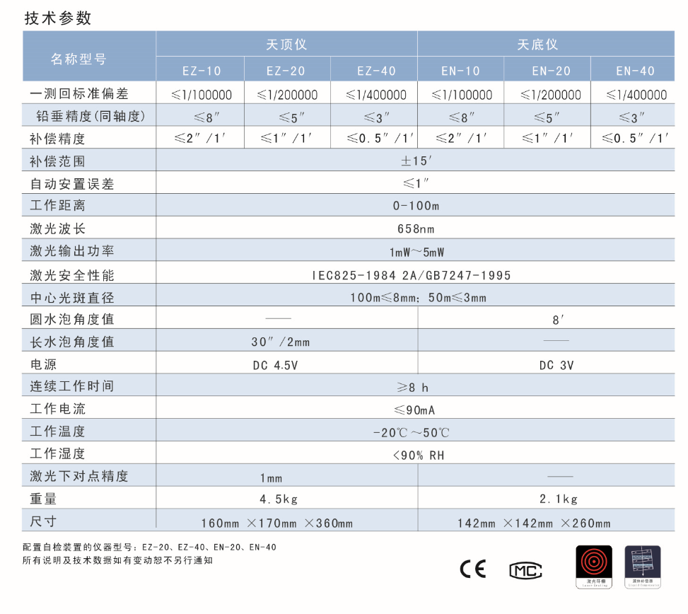 EZ-10、EZ-20、EZ-40激光自動安平天頂儀/上垂準(zhǔn)儀技術(shù)參數(shù)